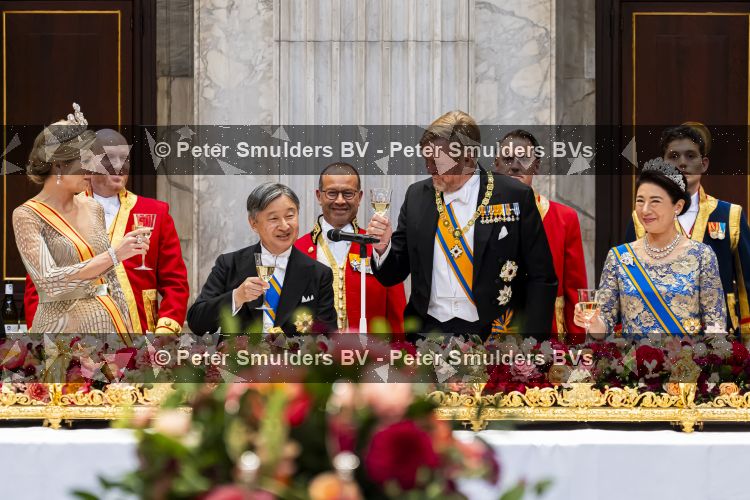 Amsterdam, 17 Juni 2026 Keizer Naruhito, keizerin Masako van Japan, Koning Willem Alexander Koningin Maxima Prinses Amalia en Prinses Ariane tijdens het staatsbanket in het Koninklijk Paleis Amsterdam. 

Naruhito brengt een driedaags staatsbezoek aan Nederland.

