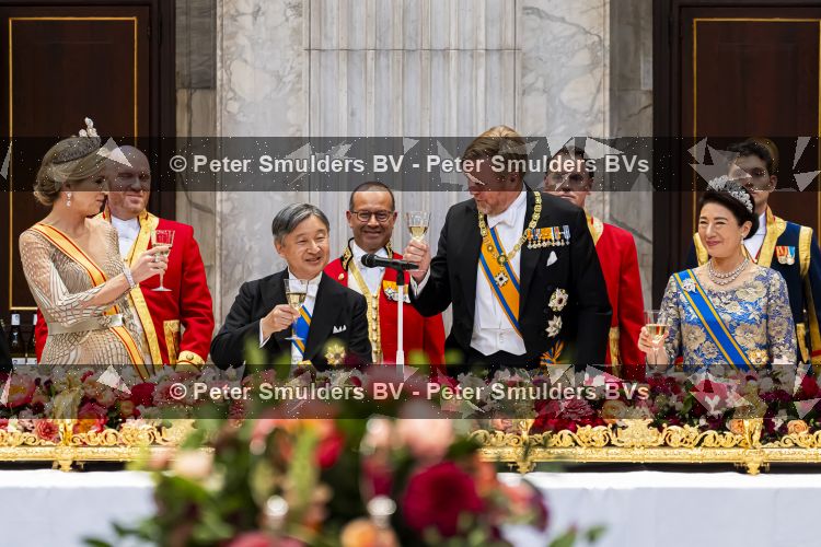 Amsterdam, 17 Juni 2026 Keizer Naruhito, keizerin Masako van Japan, Koning Willem Alexander Koningin Maxima Prinses Amalia en Prinses Ariane tijdens het staatsbanket in het Koninklijk Paleis Amsterdam. 

Naruhito brengt een driedaags staatsbezoek aan Nederland.

