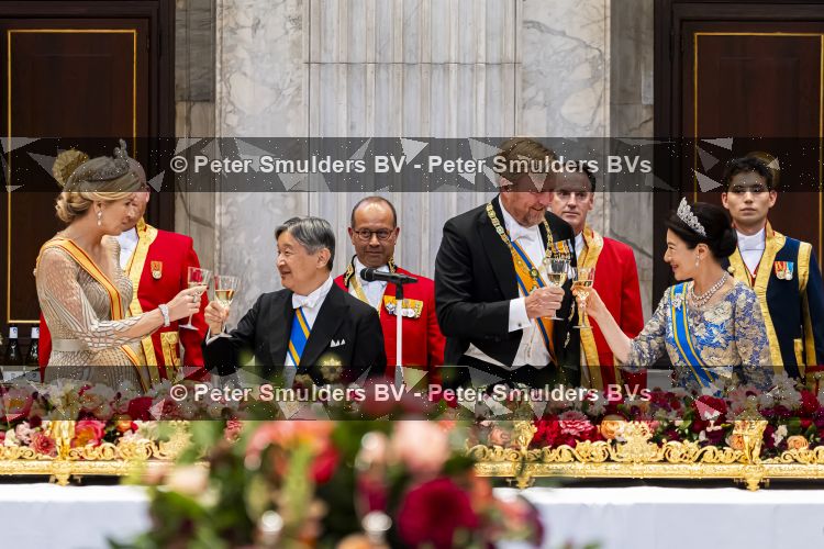 Amsterdam, 17 Juni 2026 Keizer Naruhito, keizerin Masako van Japan, Koning Willem Alexander Koningin Maxima Prinses Amalia en Prinses Ariane tijdens het staatsbanket in het Koninklijk Paleis Amsterdam. 

Naruhito brengt een driedaags staatsbezoek aan Nederland.

