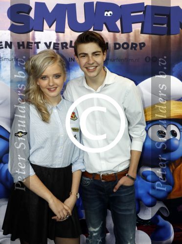 Amsterdam 18 maart 2017 
premiere Smurfen in  Pathe Arena. Esmee Schreurs met Jaco Oskam