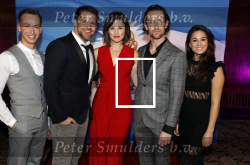 Amsterdam 19 maart 2018 
Yoran de Bont, Rene van Kooten, Brigitte Heitzer, Hans Cornelissen, Marijn Brouwers en Esmee Dekker bij de castpresentatie van de musical Evita in The Grand in Amsterdam. Hans Cornelisse is de producent.