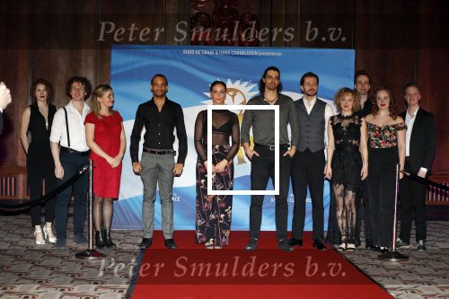 Amsterdam 19 maart 2018 
Yoran de Bont, Rene van Kooten, Brigitte Heitzer, Hans Cornelissen, Marijn Brouwers en Esmee Dekker bij de castpresentatie van de musical Evita in The Grand in Amsterdam. Hans Cornelisse is de producent.