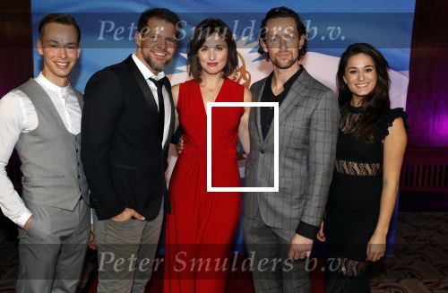 Amsterdam 19 maart 2018 
Yoran de Bont, Rene van Kooten, Brigitte Heitzer, Hans Cornelissen, Marijn Brouwers en Esmee Dekker bij de castpresentatie van de musical Evita in The Grand in Amsterdam. Hans Cornelisse is de producent.