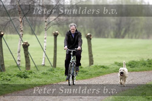 Leiden 6 april 2005
Thom de Graaf op fiets met gsm hond uitlaten.