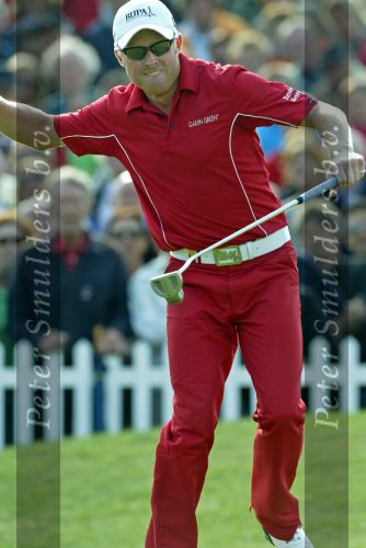 Zandvoort, 13 Augustus 2006 Dutch KLM Open Golf 2006
Kennemer Golfclub
Winnaar Simon Dyson uit Engeland maakt zijn winnende put