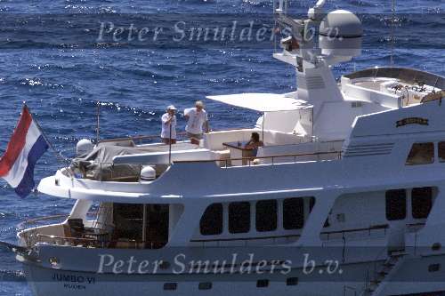 Porto Ercole 1 augustus 2000
Prins Bernhard , Prinses Christina en Prins Willem Alexander op vakantie met de Jumbo VI