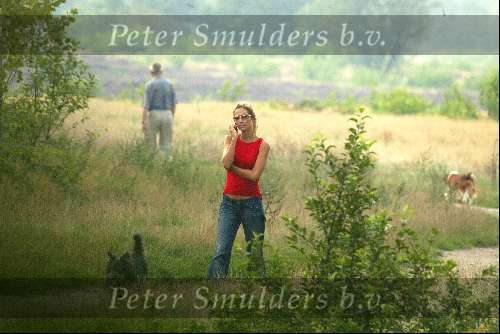 Hilversum 28 augustus 2002
Wendy v Dijk met gsm en hond wandelend op de hei.