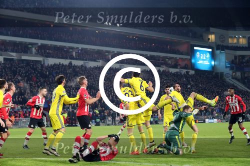 Eindhoven, 6 December 2016 Laatse groepswedstrijd in de Champions League Seizoen 2016/2017 PSV-FC Rostov, eindstand 0-0 en uitschakeling voor het gehele Europese Voetbal.
Jeroen Zoet in aanval Siem de Jong Bart Ramselaar Hector Moreno Joshua Brenet