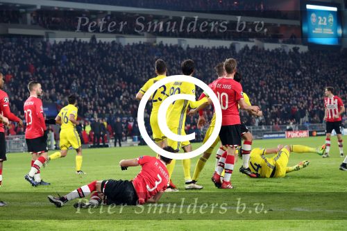 Eindhoven, 6 December 2016 Laatse groepswedstrijd in de Champions League Seizoen 2016/2017 PSV-FC Rostov, eindstand 0-0 en uitschakeling voor het gehele Europese Voetbal.
Jeroen Zoet in aanval Siem de Jong Bart Ramselaar Hector Moreno Joshua Brenet