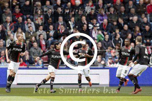 Seizoen 2011-2012 Eindhoven 22-04-2012. Eredivisie PSV - NEC. Uitslag 1-2. Doelpunt voor NEC door Navarone Foor. Leroy George, Genero Zeefuik, Bram Nuytinck en Ryan Koolwijk (NEC).
Foto: EIB/John Claessens