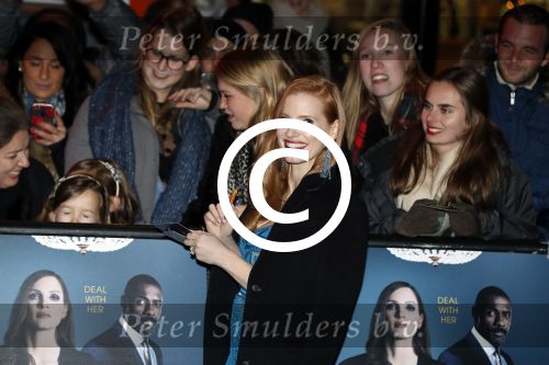 Amsterdam 12 december 2017 
Premiere Molly\'s game in Tuschinski.
Hoofdrolspeelster Jessica Chastain was aanwezig.