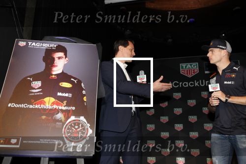 Amsterdam 13 november 2018
Presentatie TAG Heuer horloge van Max Verstappen in Hotel Arena. Robert Doornbos en Rob Kamphues doen de presentatie.