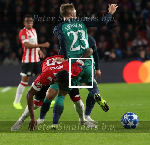 Eindhoven, 24 Oktober 2018 PSV-Tottemham Hotspur.
Duel in de voorronde Champions League, eindstand 2-2.
Pablo Rosario en Christian  Eriksen