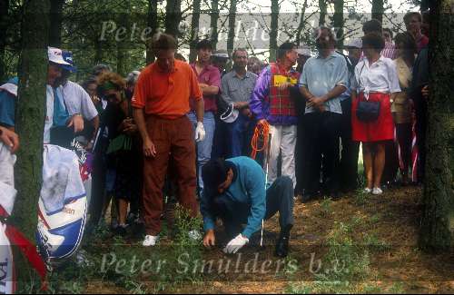 Payne Stewart tijdens Dutch Openop de Noordwijksche golfclub tijdens een shoot out samen met Maria Jose Olazabal