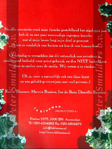 Eindhoven 21 december 2003
Kerstkaart Karin Bloemen waar ze naakt opstaat.