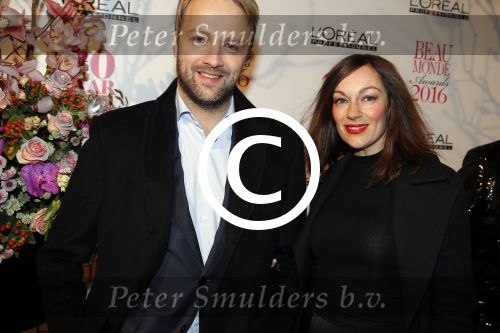 Amsterdam 18 januari 2016
Uitreiking Beau monde awards in het Amstel Hotel.
Miryanna van Reeden  met kennis Frank e Hollywood