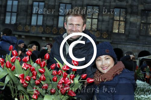 Amsterdam 21 januari 2017 
Boer Tom Groot bij event met tulpen bij paleis op de dam.