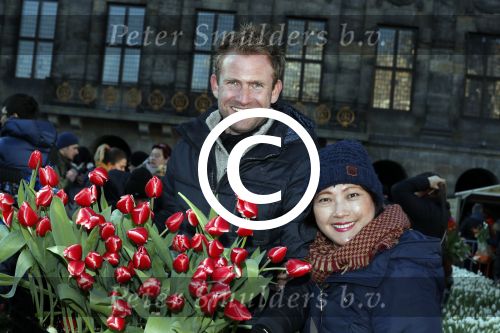 Amsterdam 21 januari 2017 
Boer Tom Groot bij event met tulpen bij paleis op de dam.