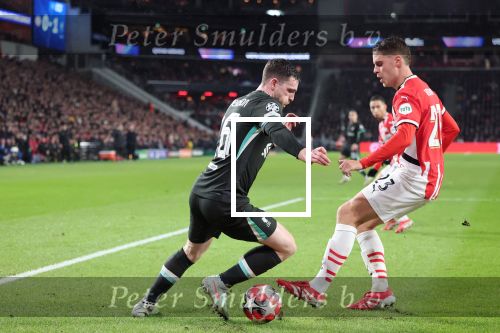 Eindhoven, 29 Januari 2025
8e en laatste wedstrijd  Champions League seizoen 2024-2025 PSV-FC Liverpool, eindstand 3-2
Andrew Robertson en Joe Veerman
Fotograaf Marco Ferrageau