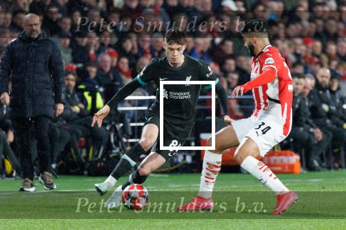 Eindhoven, 29 Januari 2025
8e en laatste wedstrijd  Champions League seizoen 2024-2025 PSV-FC Liverpool, eindstand 3-2
Conor Bradley en Ismael Saibar
Fotograaf Marco Ferrageau