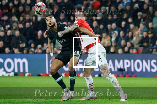 Eindhoven, 29 Januari 2025
8e en laatste wedstrijd  Champions League seizoen 2024-2025 PSV-FC Liverpool, eindstand 3-2
Gody Gakpo en Rick Karsdorp
Fotograaf Marco Ferrageau