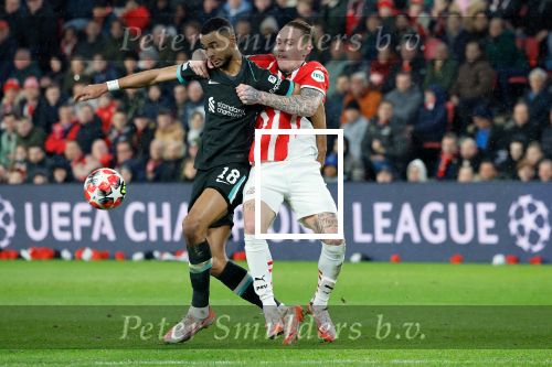 Eindhoven, 29 Januari 2025
8e en laatste wedstrijd  Champions League seizoen 2024-2025 PSV-FC Liverpool, eindstand 3-2
Gody Gakpo en Rick Karsdorp
Fotograaf Marco Ferrageau