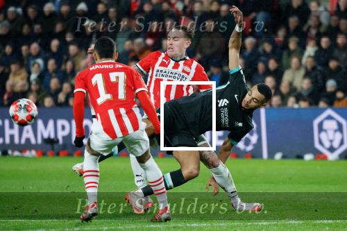 Eindhoven, 29 Januari 2025
8e en laatste wedstrijd  Champions League seizoen 2024-2025 PSV-FC Liverpool, eindstand 3-2
Gody Gakpo en Rick Karsdorp
Fotograaf Marco Ferrageau