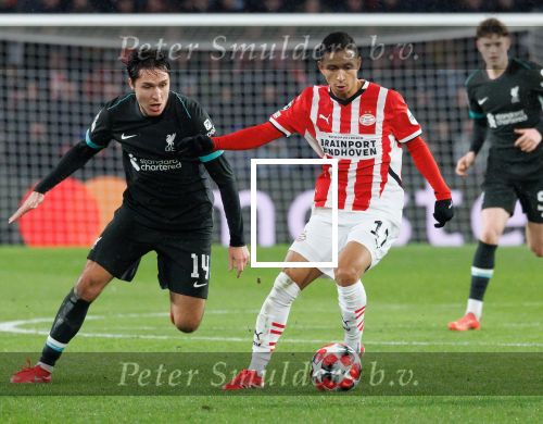Eindhoven, 29 Januari 2025
8e en laatste wedstrijd  Champions League seizoen 2024-2025 PSV-FC Liverpool, eindstand 3-2
Mauro Junior en Federico Chiesa
Fotograaf Marco Ferrageau