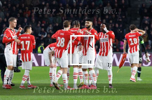 Eindhoven, 29 Januari 2025
8e en laatste wedstrijd  Champions League seizoen 2024-2025 PSV-FC Liverpool, eindstand 3-2
Tygo Land Ismael Saibari Joey Veerman
Fotograaf Marco Ferrageau