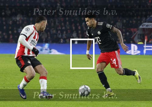 Eindhoven, 28 Januari 2026
Laatste wedstrijd in voorronde Champions League
PSV-Bayern Munchen, eindstand 1-2
Luis Diaz in duel met Sergino Dest