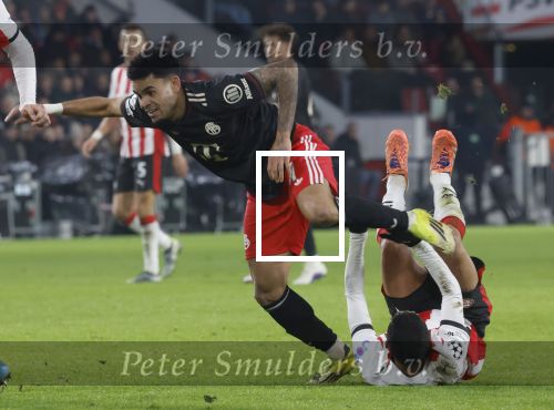 Eindhoven, 28 Januari 2026
Laatste wedstrijd in voorronde Champions League
PSV-Bayern Munchen, eindstand 1-2
Mauro Junior in duel met Luis Diaz