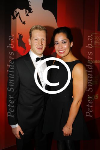 Amsterdam 15 december 2015
Sportgala/ sportverkiezing sportman en sportvrouw van het jaar in de Rai. 
Nederlands sportpresentatrice bij NOS Studio Sport. Ranomi Kromowidjojo met vriend Ferry Weertman