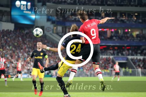 Eindhoven, 13 September 2016
PSV-Atletico Madrid, eindstand 0-1 
Eerste wedstrijd voorronde CL Seizoen 2016-2017
Luuk de Jong en Jose Maria Gimenez in duel