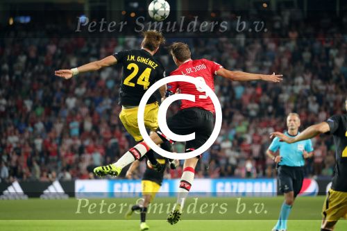 Eindhoven, 13 September 2016
PSV-Atletico Madrid, eindstand 0-1 
Eerste wedstrijd voorronde CL Seizoen 2016-2017
Luuk de Jong en Jose Maria Gimenez in duel