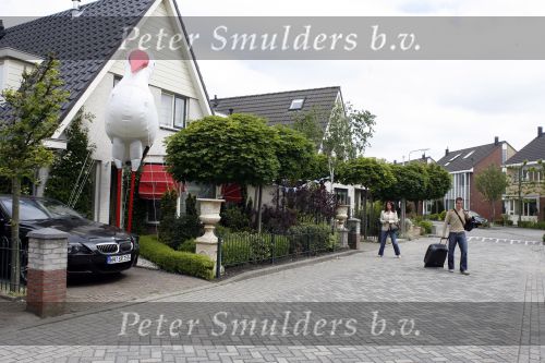 Uitgeest6 juni 2006
Rafael v d Vaart vertrekt vanaf zijn huis richting WK voetbal. In de tuin van zijn huis staat een grote ooievaar