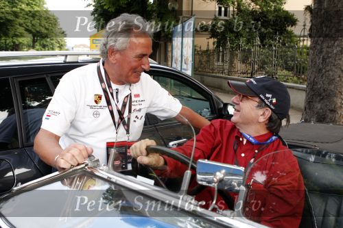 Brescia 15 mei 2008
Start van de Mille Miglia in Brescia. State of art rijdt met 2 porsches mee. 
Evert Louman met Albert Westerman