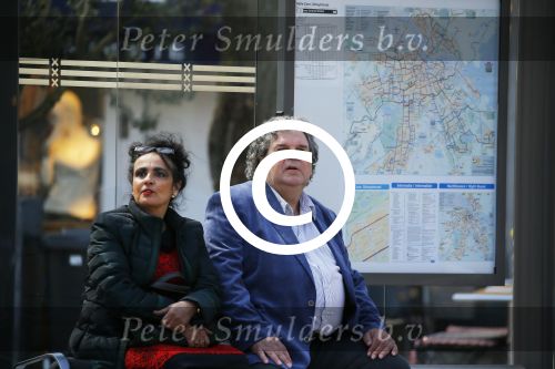 Amsterdam 21 mei 2015  
Schrijver A.F.T. v d Heijden of Adri v d Heijden met zijn vrouw wachtend op de tram.