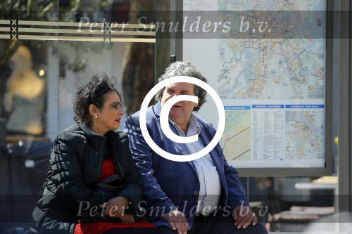 Amsterdam 21 mei 2015  
Schrijver A.F.T. v d Heijden of Adri v d Heijden met zijn vrouw wachtend op de tram.
