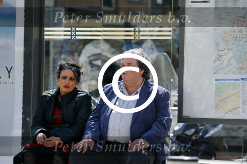 Amsterdam 21 mei 2015  
Schrijver A.F.T. v d Heijden of Adri v d Heijden met zijn vrouw wachtend op de tram.