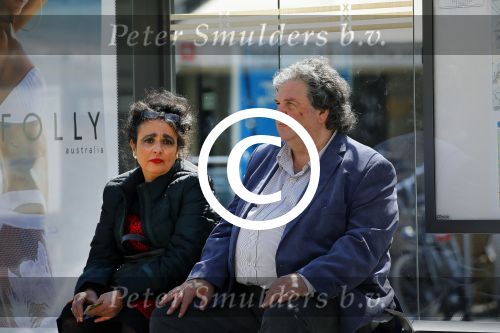 Amsterdam 21 mei 2015  
Schrijver A.F.T. v d Heijden of Adri v d Heijden met zijn vrouw wachtend op de tram.