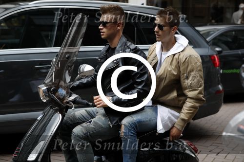 Amsterdam 20 mei 2017 
Ajax speler Daley Sinkgraven met .. op zijn vespa scooter