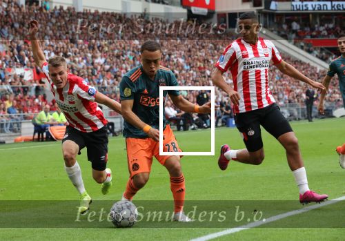 Eindhoven, 22 September 2019 Kompetitiewedstrijd PSV-AJAX, eindstand 1-1
Seiozen 2019/2020
Sergino Dest Mohamed Ihattaren en Michal Sadilek