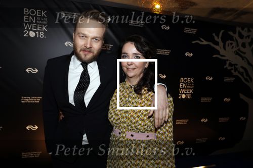 Amsterdam 9 maart 2018 
Boekenbal 2018 in de schouwburg van Amsterdam.
Arjen Lubach met zijn vriendin Martine de Jong