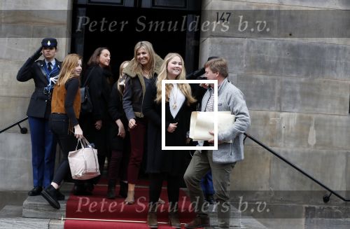 Amsterdam 3 februari 2018 
Prinses Beatrix viert haar 80e verjaardag in het paleis op de dam.  Koning Willem-Alexander en koningin Maxima arriveren met hun dochters, de prinsessen Amalia, Alexia en Ariane en hun aupair