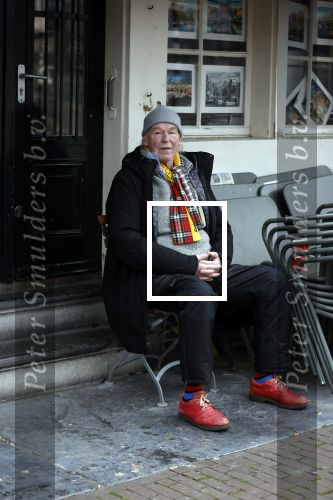 Amsterdam 4 maart 2021
Peter Faber zit elke ochtend tijdens corona bij cafe Kobalt op terras.