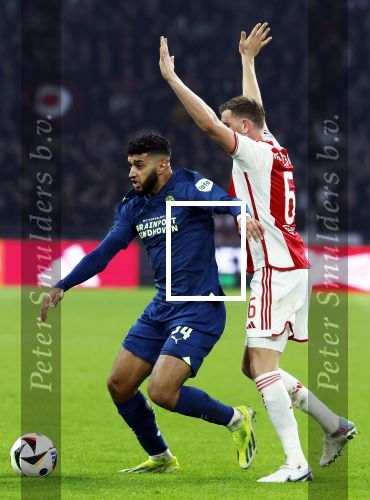 Amsterdam, 3 Februari 2024 AJAX-PSV, eindstand 1-1
Kompetitie Seizoen 2023-2024
Ismael Saibari en Jordan Henserson