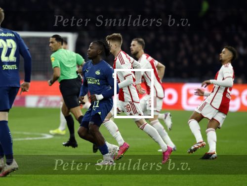 Amsterdam, 3 Februari 2024 AJAX-PSV, eindstand 1-1
Kompetitie Seizoen 2023-2024
Johan Bakayoko Devyne Rensch en Kristian Hlynsson