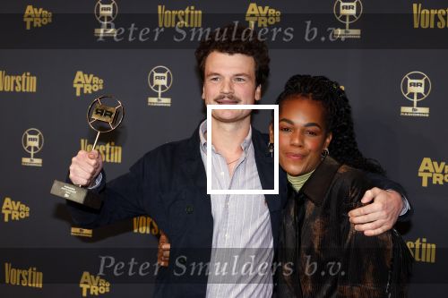 Hilversum 25 januari 2024
Uitreiking Radioring 2024 in de Vorstin . Titus van Dijk en  Mandy Woelkens tijdens het Gouden RadioRing Gala, waar Door de Ogen van de Koning winnaar is geworden van de Radioring Beste Podcas