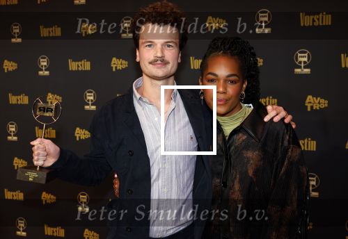 Hilversum 25 januari 2024
Uitreiking Radioring 2024 in de Vorstin . Titus van Dijk en  Mandy Woelkens tijdens het Gouden RadioRing Gala, waar Door de Ogen van de Koning winnaar is geworden van de Radioring Beste Podcas
