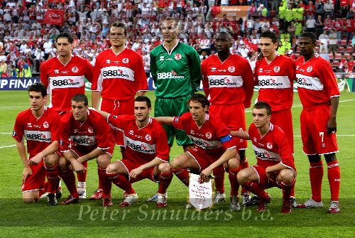 Eindhoven, 10 Mei 2006 Finale UEFA Cup Seizoen 2005/2006 tussen Middlesbrough FC-FC Sevilla, eindstand 0-4
Selektie van FC Middlesbrough met o.a. George Boateng en Jimmy Floyd Hasselbaink
© Edwin van Zandvoort